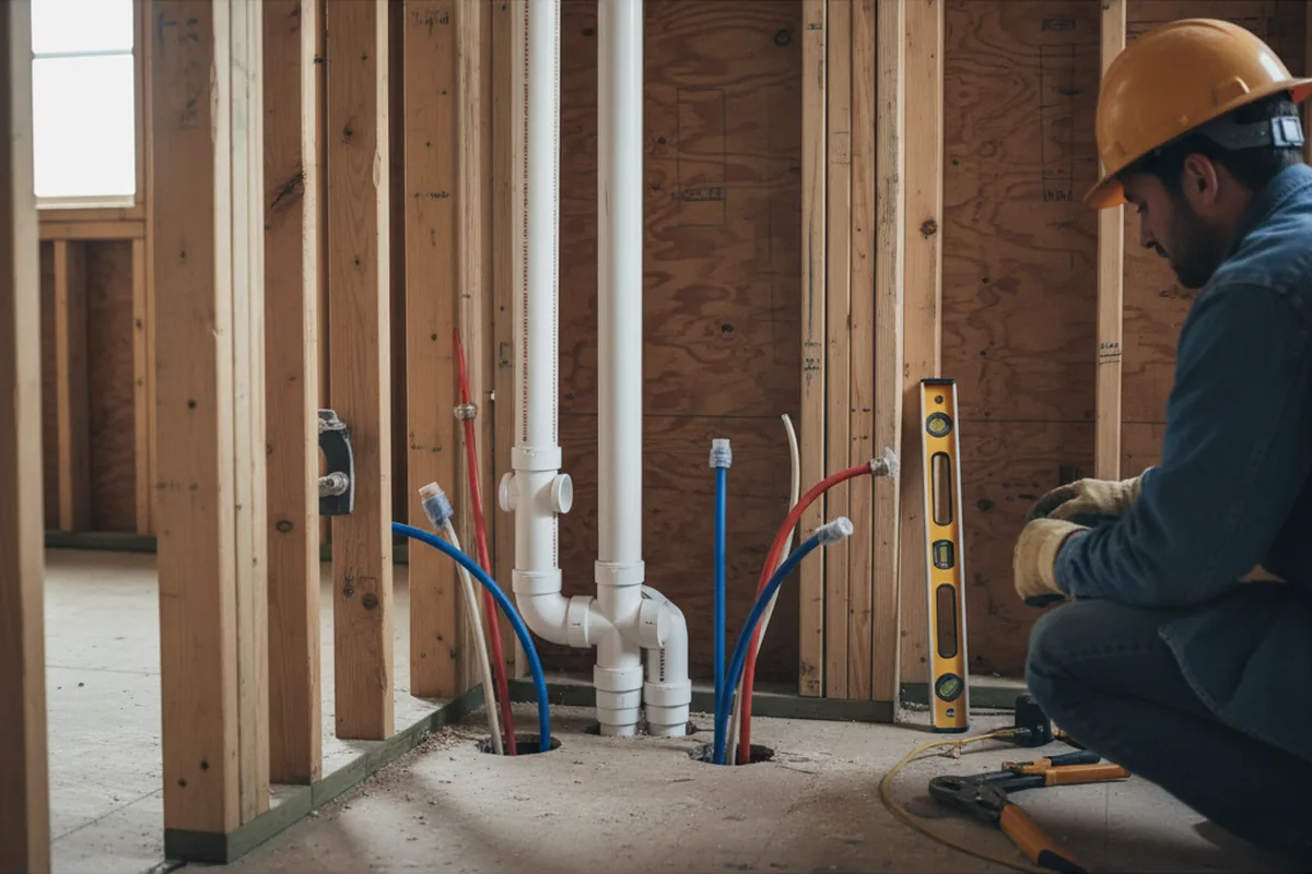 Drain and supply rough-in during Sump Pump Repair in Strang