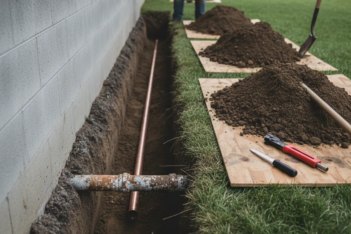 Excavated water line trench during Sewer Line Repair in Strang